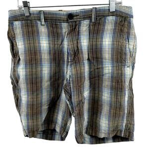 Tommy Bahama Madras Shorts Plaid Button Zip Slash Pocket Casual Olive Green 33